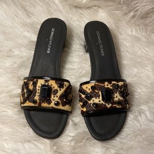 New  Donald J Pliner animal print beaded slide sandals